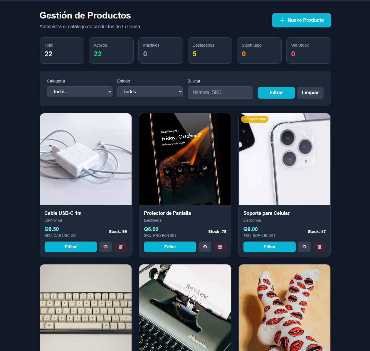Panel de gestión de productos